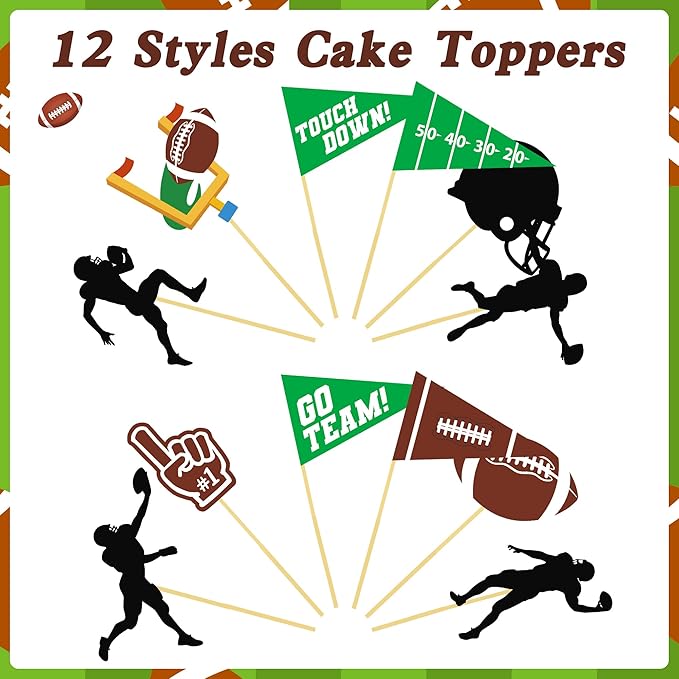 24 Pcs Football Cupcake Toppers, Disposable Foot Ball Themed Toothpicks, Touchdown Players Flagship Cake Toppers, Football Party Decorations for Sports Theme Baby Shower Birthday Party Supplies
