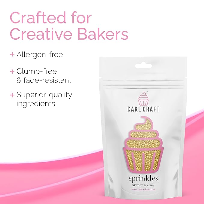 Cake Craft Gold Sugar Pearl Sprinkles – 3-Pack (100g Each) | Elegant Metallic Sprinkles for Cakes, Cupcakes, Cookies & More | Perfect for Weddings, Parties & Special Occasions