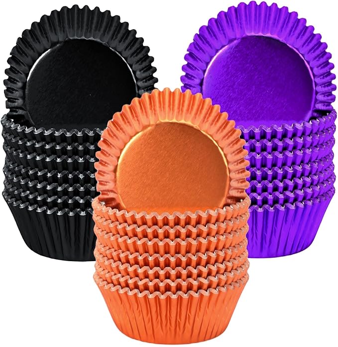 SANNIX 450Pcs Halloween Foil Cupcake Liners Muffin Liners Baking Cups Foil Metallic Cupcake Wrappers for Halloween Party Supplies Standard Size (Black, Purple, Orange)