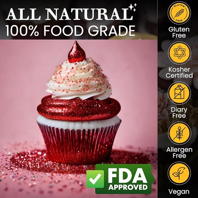 Edible Glitter Sprinkles for Cake Decorating, Drinks, Cookie, Icing, Dessert Decorations, Sparkly Luster, Food-Grade, Vegan, Gluten Free, Kosher, Bulk 10g, Red