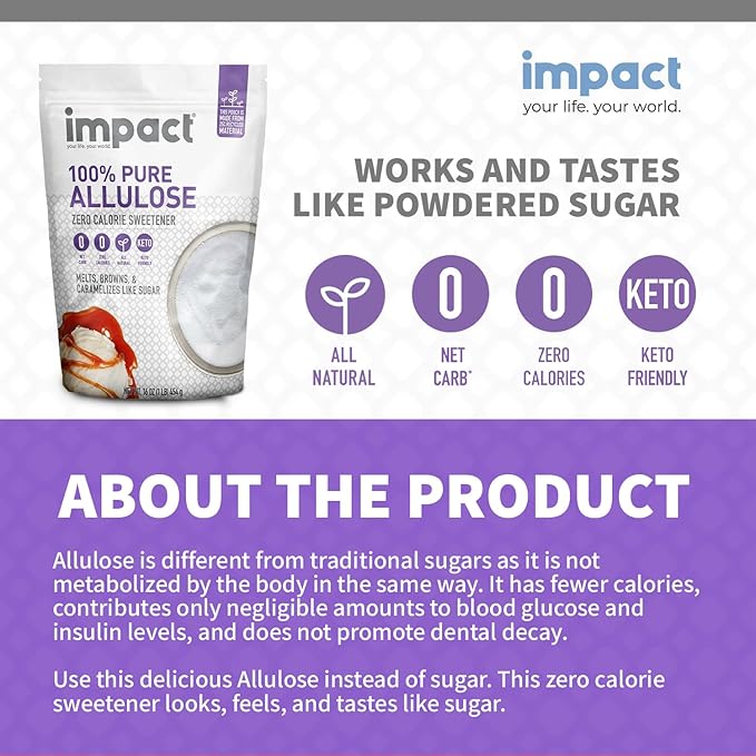 Impact - Pure Allulose Sweetener Sugar Substitute - Zero Calorie Blend, Low-Carb, For Coffee, Tea, Baking, Guilt-Free Indulgence - 1lb (Pack of 2)