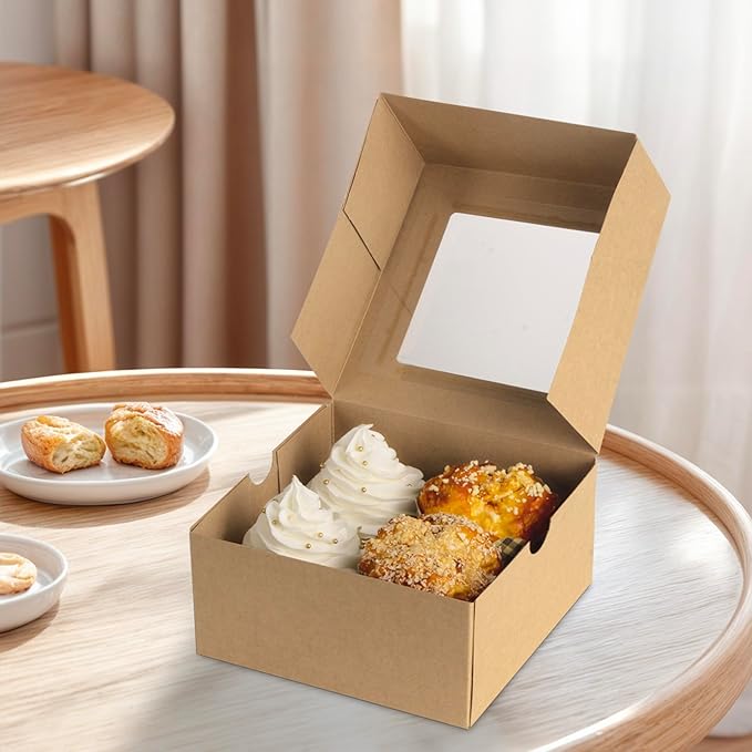 Jotique 6x6x3 Bakery Cookie Boxes with Window, Kraft Paper Cupcake Treat Pastry Food Boxes for Baked Goods 30 Sets