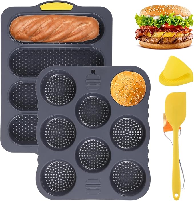 Set of 5 Hamburger Bun Pans for Baking, 4/8-Cup Hamburger Bun Mold, Silicone French Bread Baking Pan with Brush, Spatula, and Grab Glove, Nonstick Perforated Baking Pans