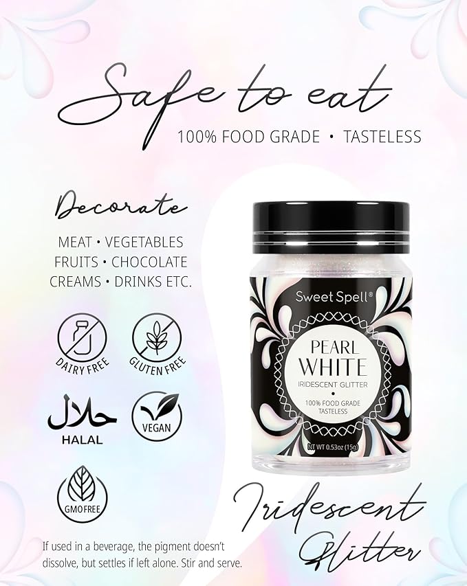 Sweet Spell Edible Glitter (15g) - Shimmer Sparkles for Drinks, Cakes, Cocktails - 100% Edible & Food Grade Glitter, Vegan, Gluten-Free (Iridescent Pearl White)