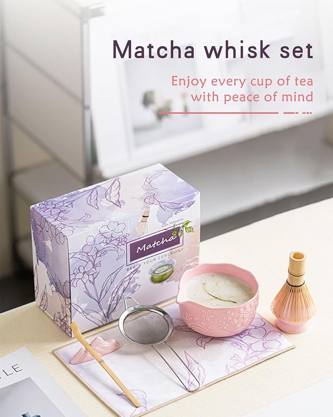 Matcha Whisk Set 9 Pcs – Matcha Bowl, Whisk, Sifter, Spoon, Gift Card ane Portable Carry Bag for Latte Travel,Gift for Matcha Lovers (Pink)