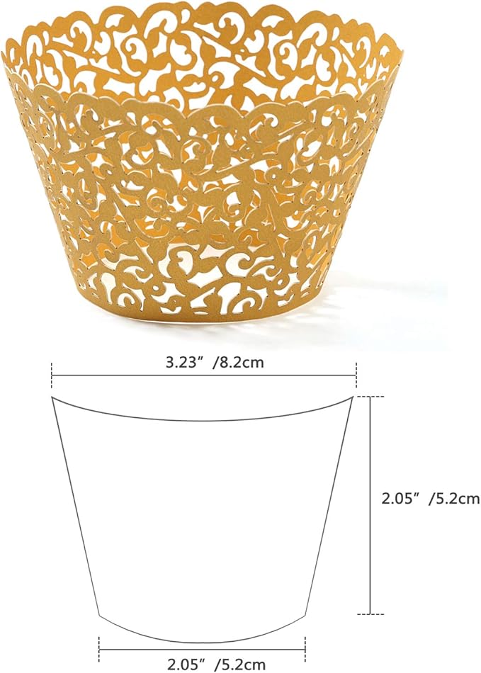 KPOSIYA Pack of 120 Cupcake Wrappers Artistic Bake Cake Paper Cups Vine Designed Laser Cut Cupcake Wraps Baking Cup Muffin Case Trays for Wedding Baby Shower Party Birthday Decoration (120, Gold)