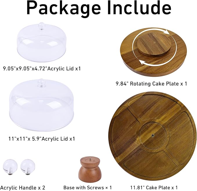 Set of 2 Acacia Wood Cake Stand with Acrylic Lid, 11.81'' Cake Plates and 9.84'' Rotating Cake Holder for Party, Wedding