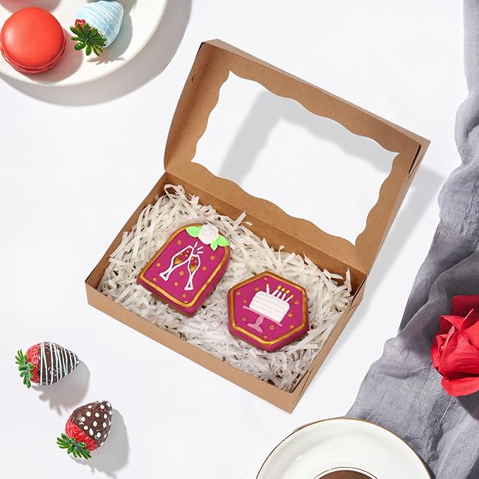 RomanticBaking 30 Pack DIY Assembly Brown 7 x 4 3/8 x 1½inches Cookies Boxes with Window Bakery Treat Boxes for Macaron Chocolate Truffle Cakesicle