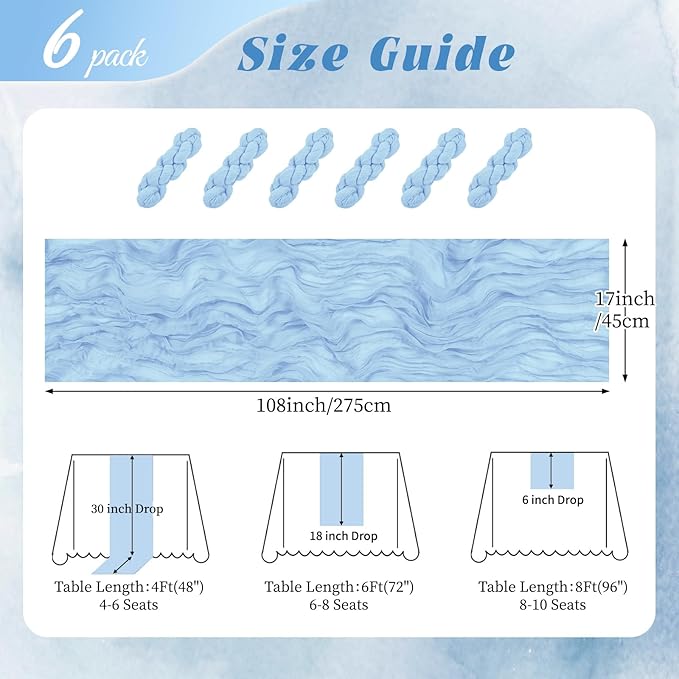 6 Pack Baby Blue Cheesecloth Table Runner 17x108 Inch Semi Sheer Boho Gauze Cheese Cloth Fabric Table Runners, for Wedding Party Baby Shower Birthday Home Decor Garden Farmhouse