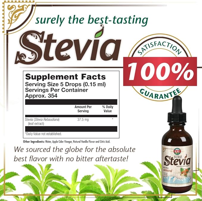 KAL Sure Stevia Drops, Natural Almond Flavor, Low Carb, Zero Calorie Sweetener, Keto Friendly, Great Tasting Liquid Stevia, Low Glycemic, 60-Day Money Back Guarantee, Approx. 354 Servings, 1.8 FL OZ