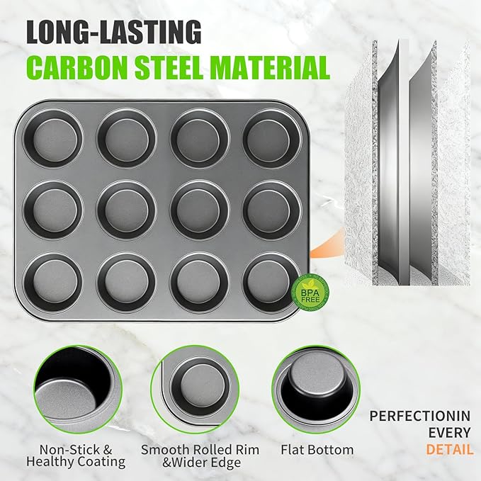 2-Pack Muffin Pan Set for Baking, Nonstick Cupcake Pan Set, Standard 12-Cup Muffin Tin for Baking Cupcakes - Carbon Steel