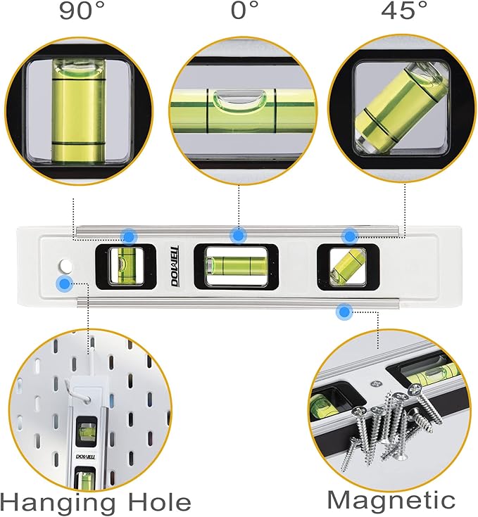 DOWELL Magnetic Torpedo Level Mini Bubble Level Box Spirit Level Alloy Frame 180/90/45 Degree 9-Inch (2, White)