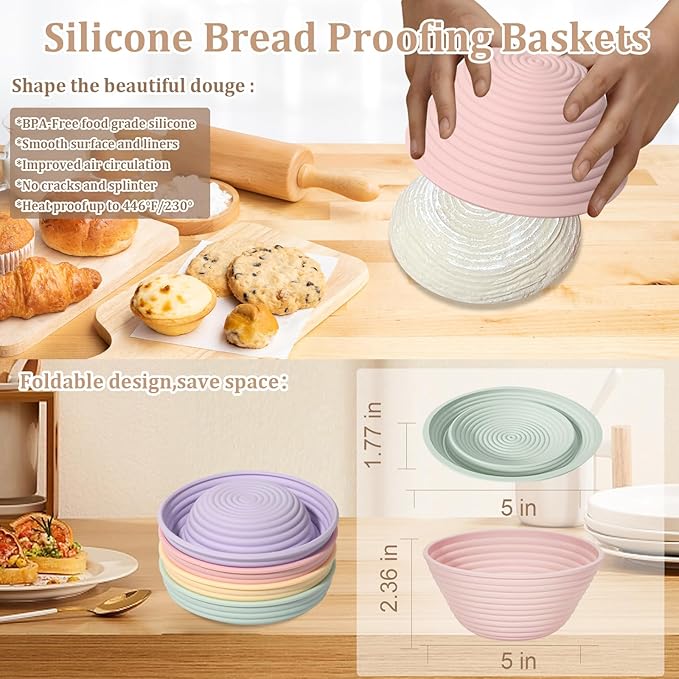 4Pcs Mini Silicone Banneton Bread Proofing Baskets, 5" Sourdough Banneton Proofing Baskets, Non-Stick Round Dough Proofing Bowl Containers Oven Safe for Various Tastes Bread Making-BPA Free