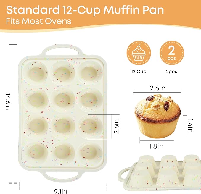 2-Pack 12-Cup Silicone Cupcake Pan, Nonstick Flexible Muffin Pan, Dishwasher Safe Muffin Tray with Handles, Seamless Silicone Muffin Tin for Baking Egg Bites & Cupcakes