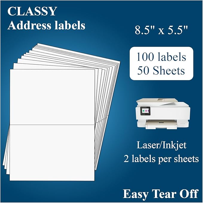 Half Sheet Shipping Label, 2 Per Page Self Adhesive Mailing Labels, 8.5" x 5.5", Laser/Inkjet Compatible, (50 Sheets, 100 Labels)
