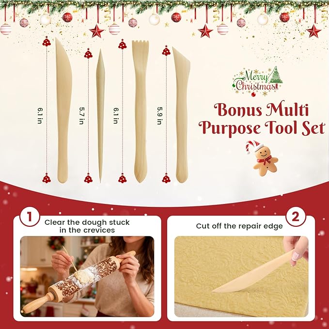 Gobam Embossed Rolling Pin for Cookies, Engraved Wooden Rolling Pin for Baking, Deep Pattern Cookie Roller for Christmas, Holiday, DIY Kitchen Decor and Gift - Snowflake