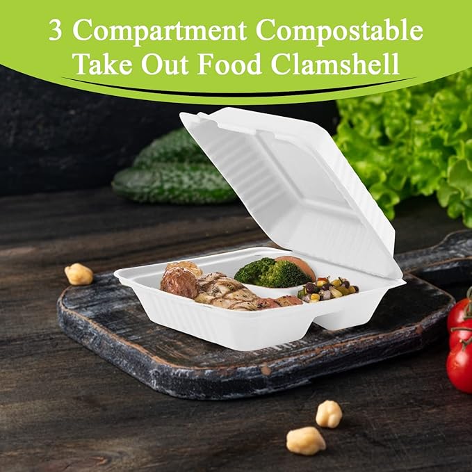 three leaf 9" X 9" 3 COMPARTMENT BAGASSE CLAMSHELL, 200 Ct. Heavy-Duty- Super Strong- Natural- Eco-Friendly Disposable Bagasse Clamshell, 100% Biodegradable 9 inch clamshell