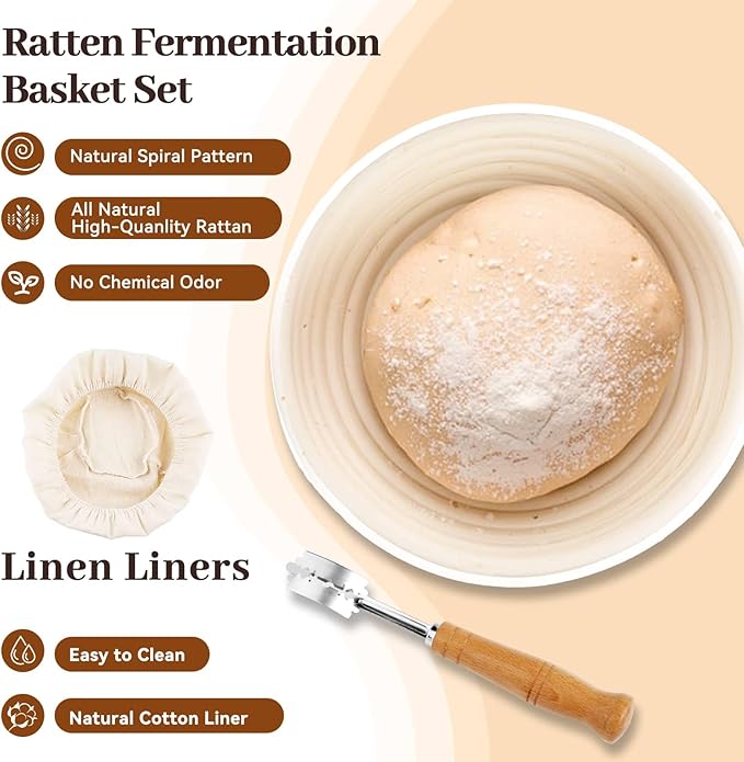 Sourdough Starter Kit, Banneton Bread Proofing Basket with Glass Sourdough Starter Jar, Sourdough Bread Baking Supplies, 9'' Round Bread Proofing Basket, for Bread Making Baking Fermentation