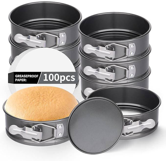 Dualshine 8 Pcs 4 Inch Springform Pan Mini Cheesecake Pan with Removable Base Nonstick Round Cake Pans for Baking with 100 Pcs Parchment Paper Liners for Pizzas，Quiches