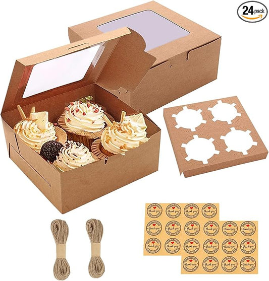 24 Pack 4 Count Bakery Cupcake Boxes, Cookie Boxes with Window 6x6x3 Cake Boxes, Cupcake Carrier Bakery Take Out Containers, Brown Kraft Treat Boxes for Muffins Macaroon Donut Chocolate Bombs