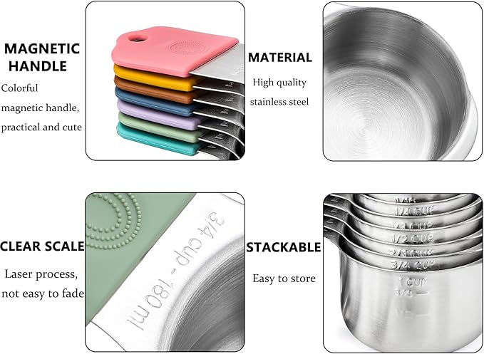 Magnetic Measuring Cups Set Includes 7 Stainless Steel Magnetic Measuring Cups and 3 Mixing Bowls with Wooden Lids Kitchen Measuring Tools for Cooking or Baking