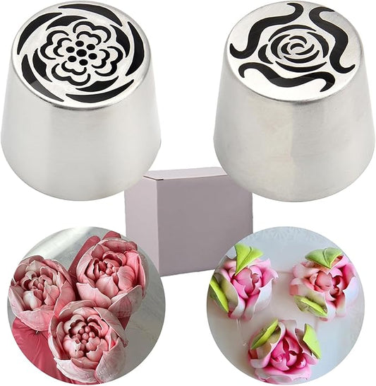 Russian Piping Tips Set 2PCS Stainless Steel Cake Decorating Kit for 3D Flowers Roses Extra Large Icing Nozzles Flower Tips Baker Tools for Wedding Birthday Cakes Cupcakes Cookies (Silver A-3)