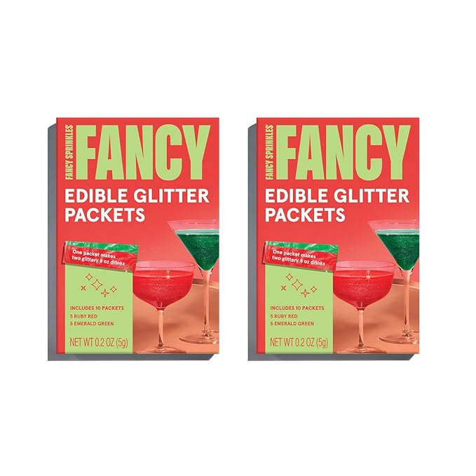 Fancy Sprinkles Limited Edition Holiday Mistletoe Magic Ruby Red and Emerald Green Edible Glitter Packets Portable & On-The-Go for Sparkling Drinks, Champagne, Cocktails, Wine, Beer, & more. (2 Pack)