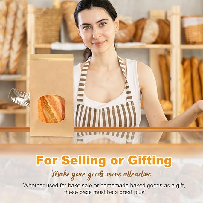 Ocmoiy 100Pcs Medium Bakery Cookie Bags with Window, 4.5x2.36x9.6 Inch Tin Tie Tab Lock Kraft Paper Bags with Thank You Stickers for Cookie, Coffee, Bread