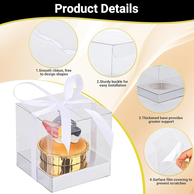 EUSOAR Clear Cupcake Wrappers, 12pcs 3.5 Inch Plastic Individual Tall Cupcake Box, Single Transparent Cupcake Holder Carrier with Ribbon and Inserts for Wedding Party Favor- Silver
