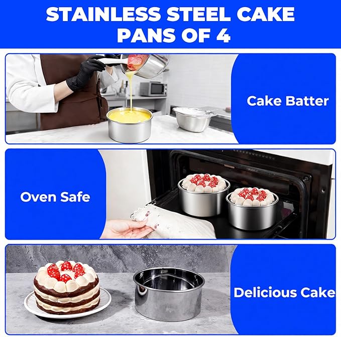 4 Pcs 4 Inch Cake Pan with Removable Bottom, 304 Stainless Steel Cake Pan Mini Round Easy Releasing Baking Pans for Birthdays, Weddings, Banquets, Parties, Christmas