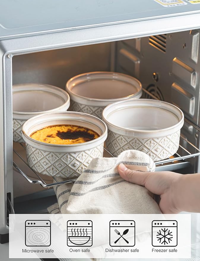 12 oz Souffle Ramekins Oven Safe with Lids, Small Creme Brulee Dishes, Ceramic Custard Cups Baking Bowls for Dessert, Dipping Sauce, Pudding, Set of 4, Beige