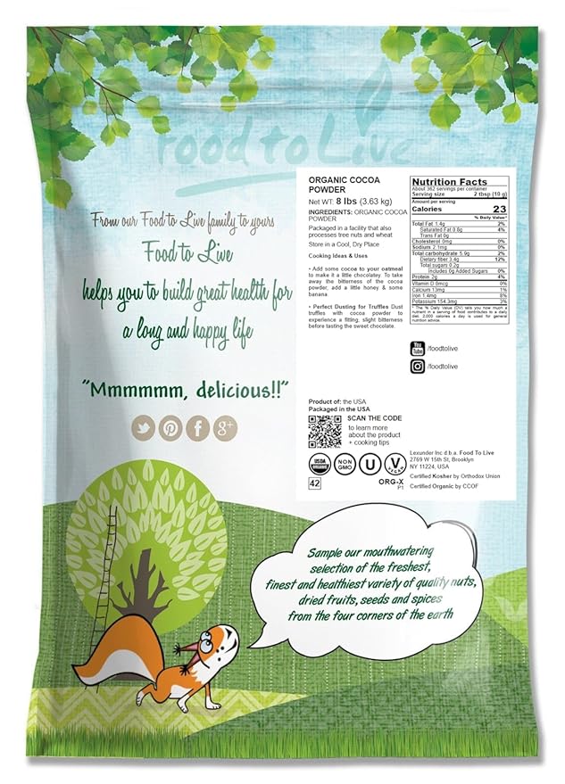 Food to Live Organic Cocoa Powder, 8 Pounds Natural, Unsweetened, Non-Dutched, Non-GMO, Kosher, Sirtfood, Bulk