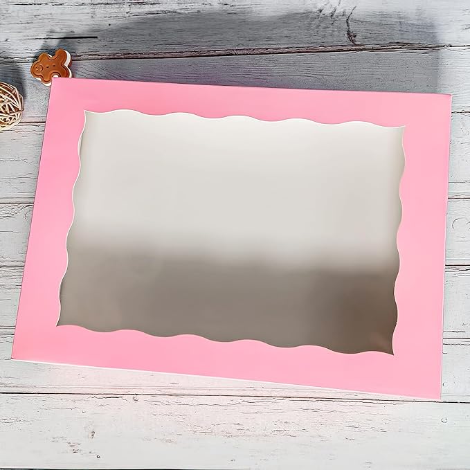 8-PACK Pink Pastry Bakery Box 14x10x3inch,Large Donuts,Muffins,Cookies Boxes with PVC Window - Auto-Pop up Paper Box Nature Cardboard Take Out Container,Pack of 8
