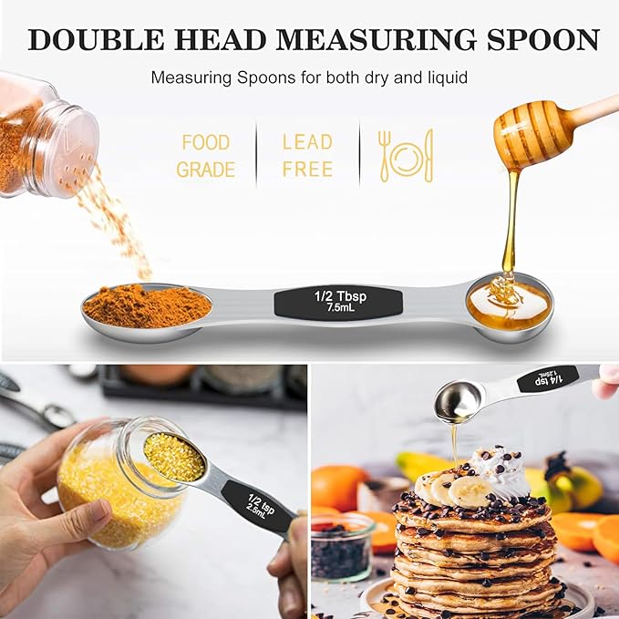 Measuring Cups and Magnetic Measuring Spoons Set, Wildone Stainless Steel 8 Measuring Cups, 7 Double Sided Stackable Magnetic Measuring Spoons, 1 Leveler & 5 Mini Spoons - 21 Piece Black