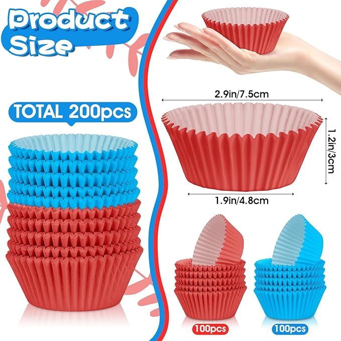 200PCS Red and Blue Cupcake Liners Muffin Baking Cups Wrappers for Blue and Red Birthday Party Supplies Disposable Pastel Cupcake Papers for Sports Theme Baseball Birthday Party Decorations