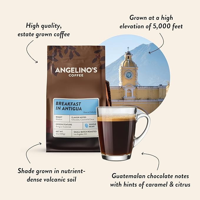 Angelino's Coffee Breakfast Blend Coffee, Reserve 12oz Whole Bean, Medium Roast Guatemala Coffee with Chocolate & Caramel Notes, Guatemalan Coffee Beans with Citrus Hints - Breakfast in Antigua