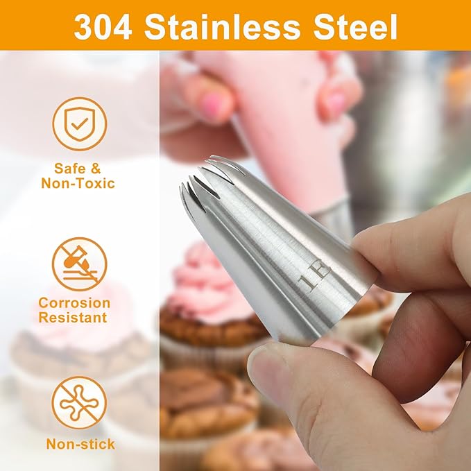 5 Pcs Large Piping Tips (1A 1E 348 347 356), Stainless Steel Frosting Icing Tips with Coupler & 12In Silicone Pastry Bag, Baking Tools for Birthday Cakes/Cupcakes/Cookie