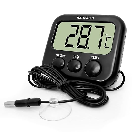 Digital Thermometer with External Sensor, Magnet, Suction Cup, Water Thermometer, Aquarium, Refrigerator, Freezer (Black)