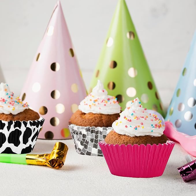 600Pcs Western Cowgirl Cupcake Liner Disco Ball Cow Print Pink Paper Baking Cup 4 Designs Muffin Liner Cake Storage Container for 80s 90s Party DIY Crafts Supplies