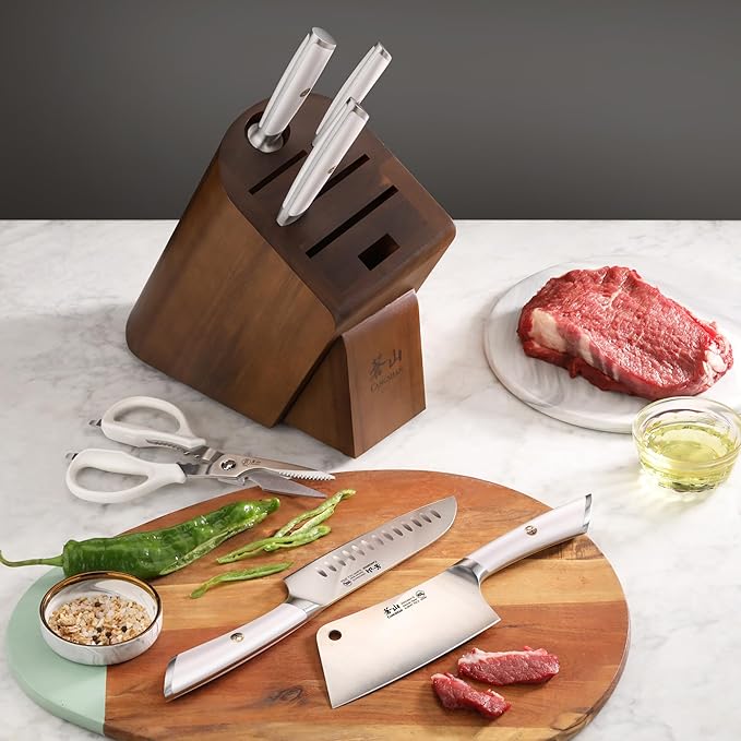 Cangshan ELBERT Series German Steel Forged Cleaver Knife Block Sets, Acacia (7-Piece, White)