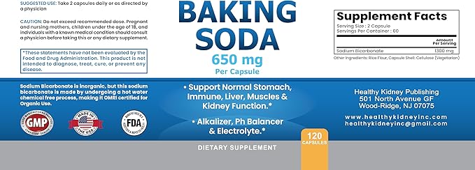 Natural Baking Soda Capsules - 650mg Baking Soda Tablets for Kidney & Stomach Acid - Sodium Bicarbonate Pills, Bicarbonate of Soda, Bicarbonato de Sodio para Tomar, Sodium Bicarbonate 650 mg 2-Pack