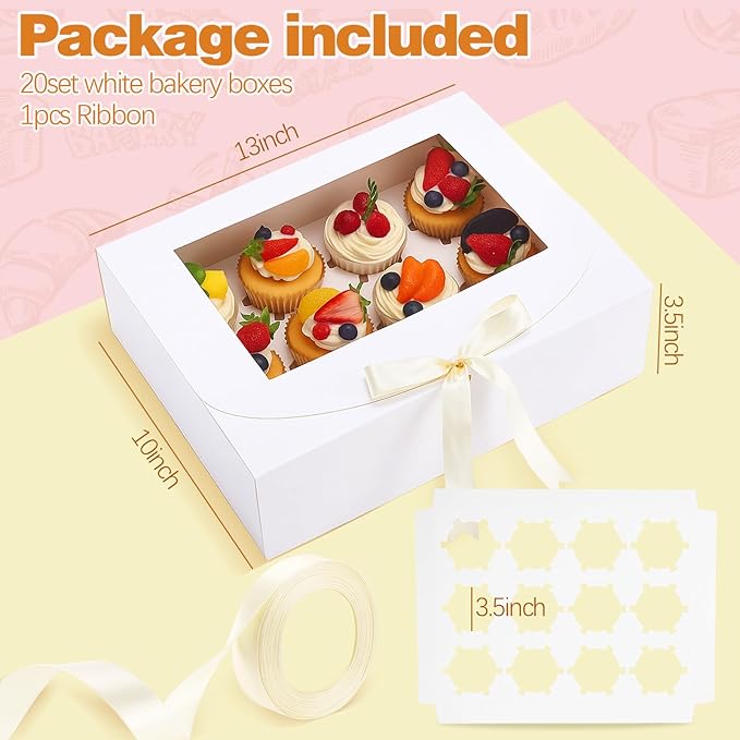20 Pack White Cupcake Boxes with Window and Ribbon, 12 Count Food Grade Cupcake Boxes Treat Holders for Cookies Pastries Desserts Bakery Muffins Birthday Holiday Christmas Party Supplies