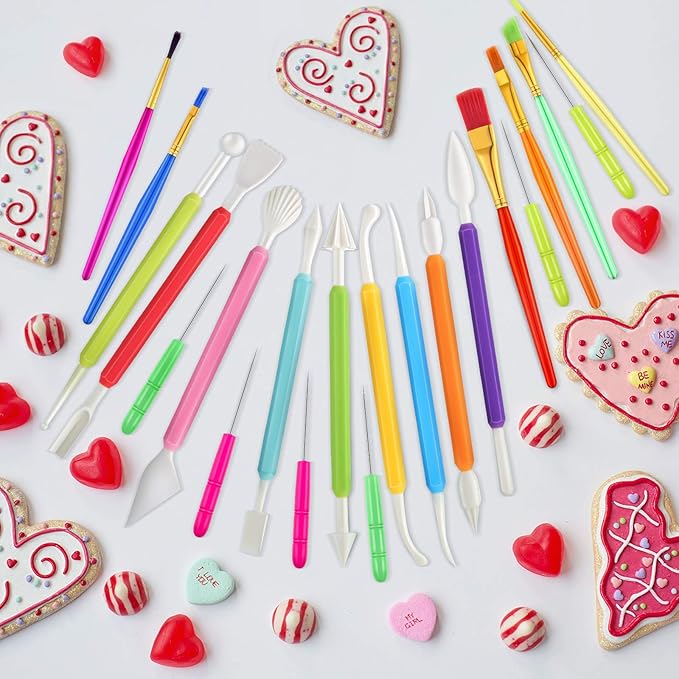 21 Pieces Cookie Decorating Tools Set Include Cake Decoration Brushes Sugar Stir Needle Christmas Cookie Scriber Needles and Fondant Cake Decorating Sculpting Modeling Tools for Fondant