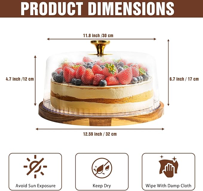 Cake Stand, 12" Wood Cake Holder with Dome, Dessert Stand with Acrylic Lid Cover, Appetizer Dessert Cheese Serving Platter for Parties, Birthday, Weddings