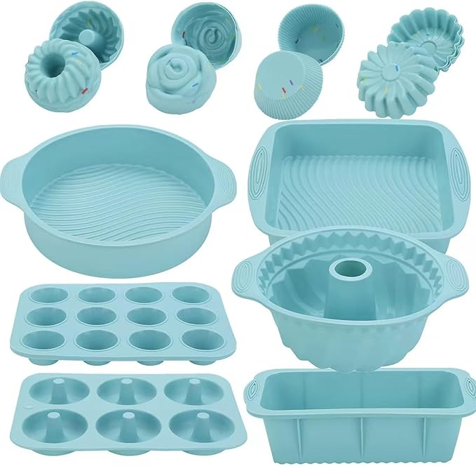 Silicone Baking Pans Set:30 in 1 Cake Baking Sheets,Cake Pans Sets for Baking Stable and Easy Demoulding,Donut Pan for Baking,Mini Bundt Cake Pans for Baking (Blue)