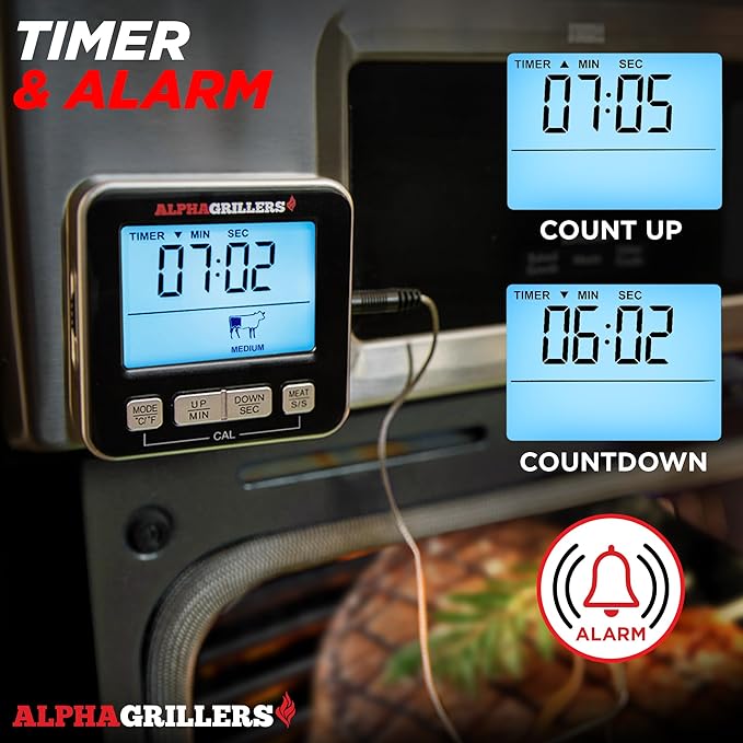 Alpha Grillers Turkey Thermometer Oven Safe Leave in - Digital Meat Thermometer Probe - Large Display with 7 Preset Temp Alerts, Timer & Alarm