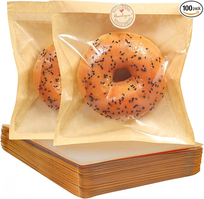SUREHOME Paper Sandwich Bags 100 Pcs 7.1 X 7.5 In Kraft Brown Paper Bags with Window Individual Heat Seal Bakery Bag with Sticker Cookie Bag for Party Favors Snacks Treats Bread Baked Goods Packaging