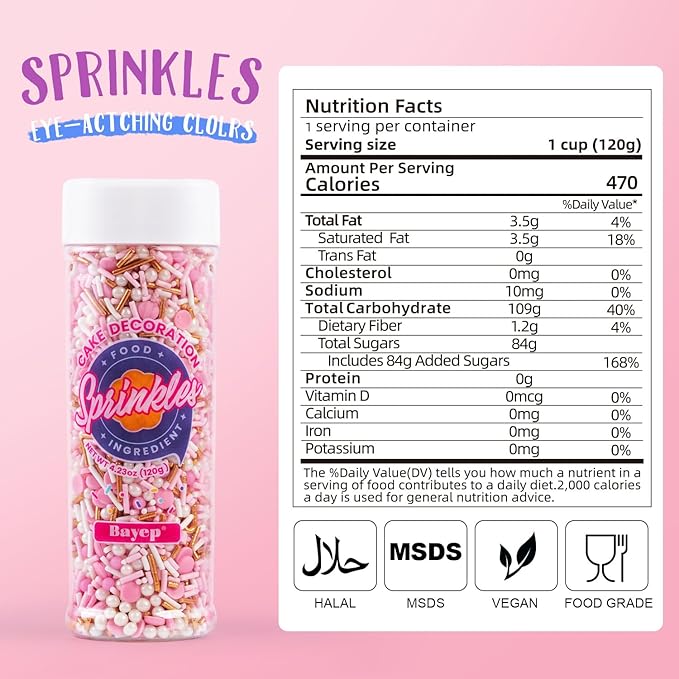 Dye Free Sprinkles Pink No Artificial Dyes Natural Confetti Pearl Sugar Gold Jimmies Sprinkles for Cake Decorations Baby Shower, Cookies, Fondant Cake, Dessert Toppings, 4.2oz