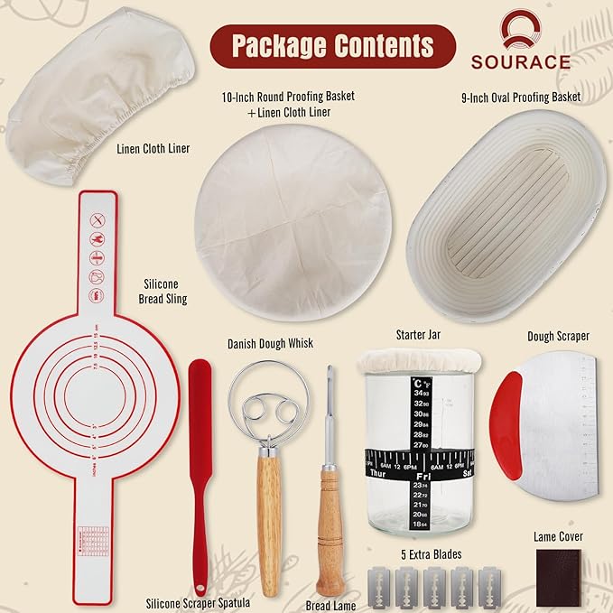 Complete Sourdough Starter Kit,10 Inch Round & 9 Inch Oval Banneton Sourdough Bread Baking Supplies With Sourdough Starter Jar, Sour dough Starter Kits for Women, Men, and Bread Bakers