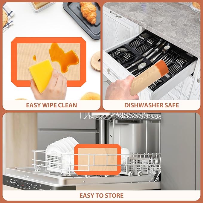 Silicone Baking Mat, Baking Sheets Non Stick, Silicone Mats for Baking, 3 Pcs for Cookie, Bread and Pastry, Baking Supplies for Oven, Orange